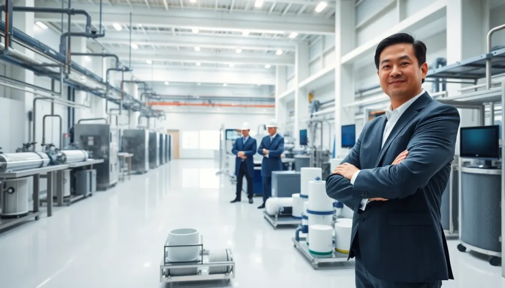 executive and engineers in a modern chinese filter manufacturing cleanroom
