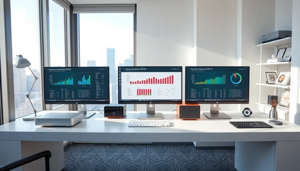 modern desk with various compact mini pcs in a bright home office